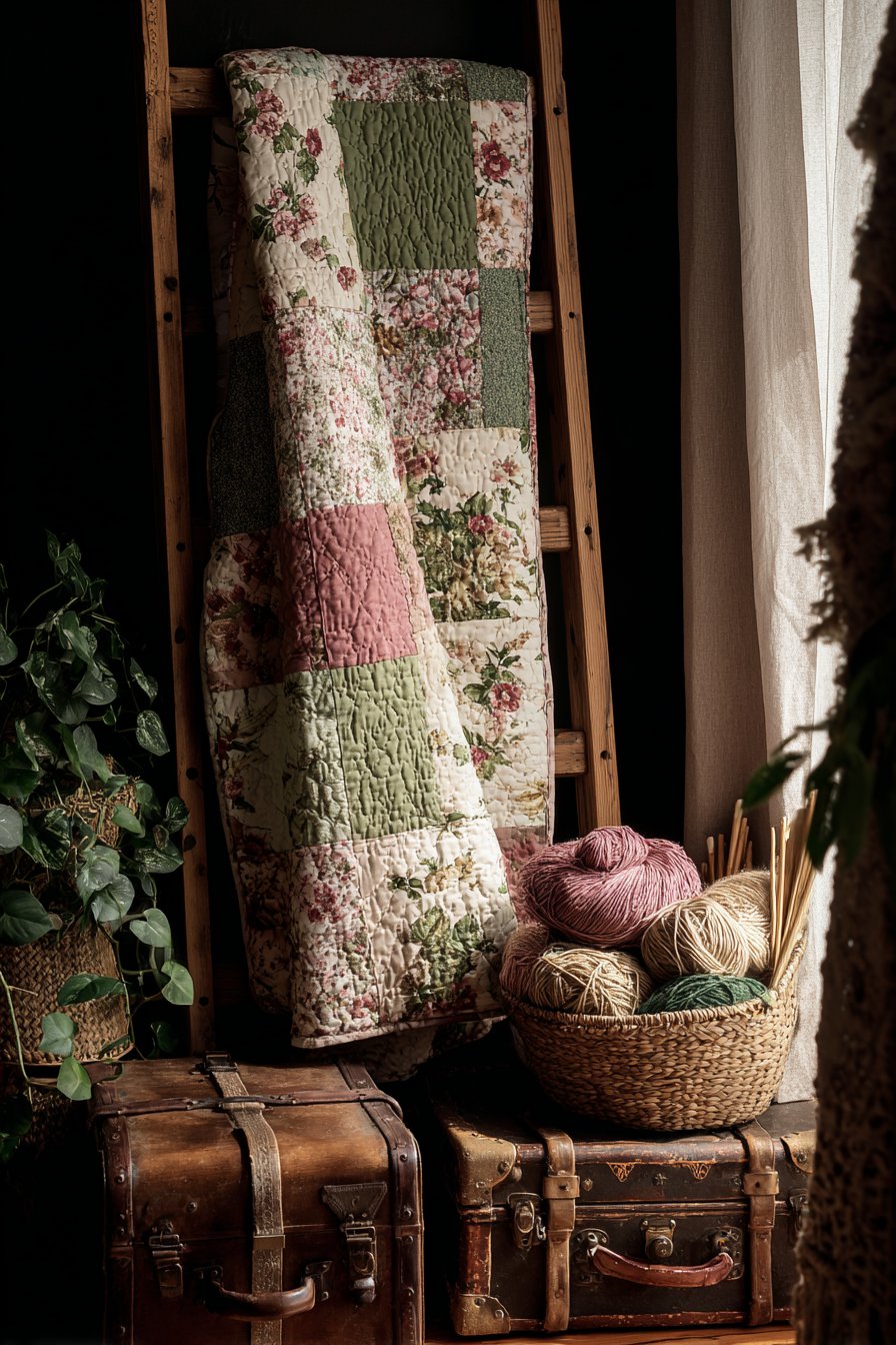 Patchwork Quilt Display on Wooden Ladder