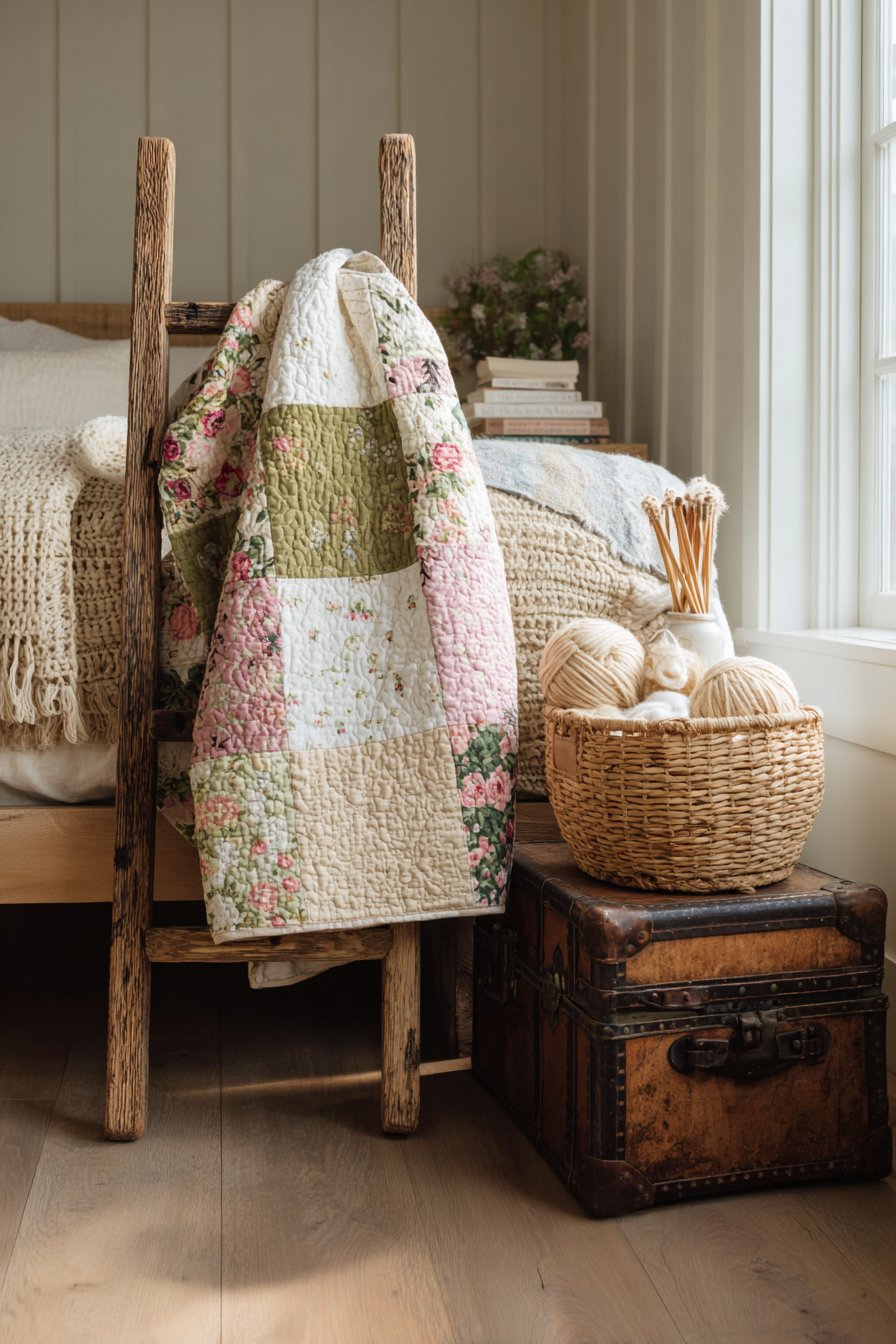 Patchwork Quilt Display on Wooden Ladder