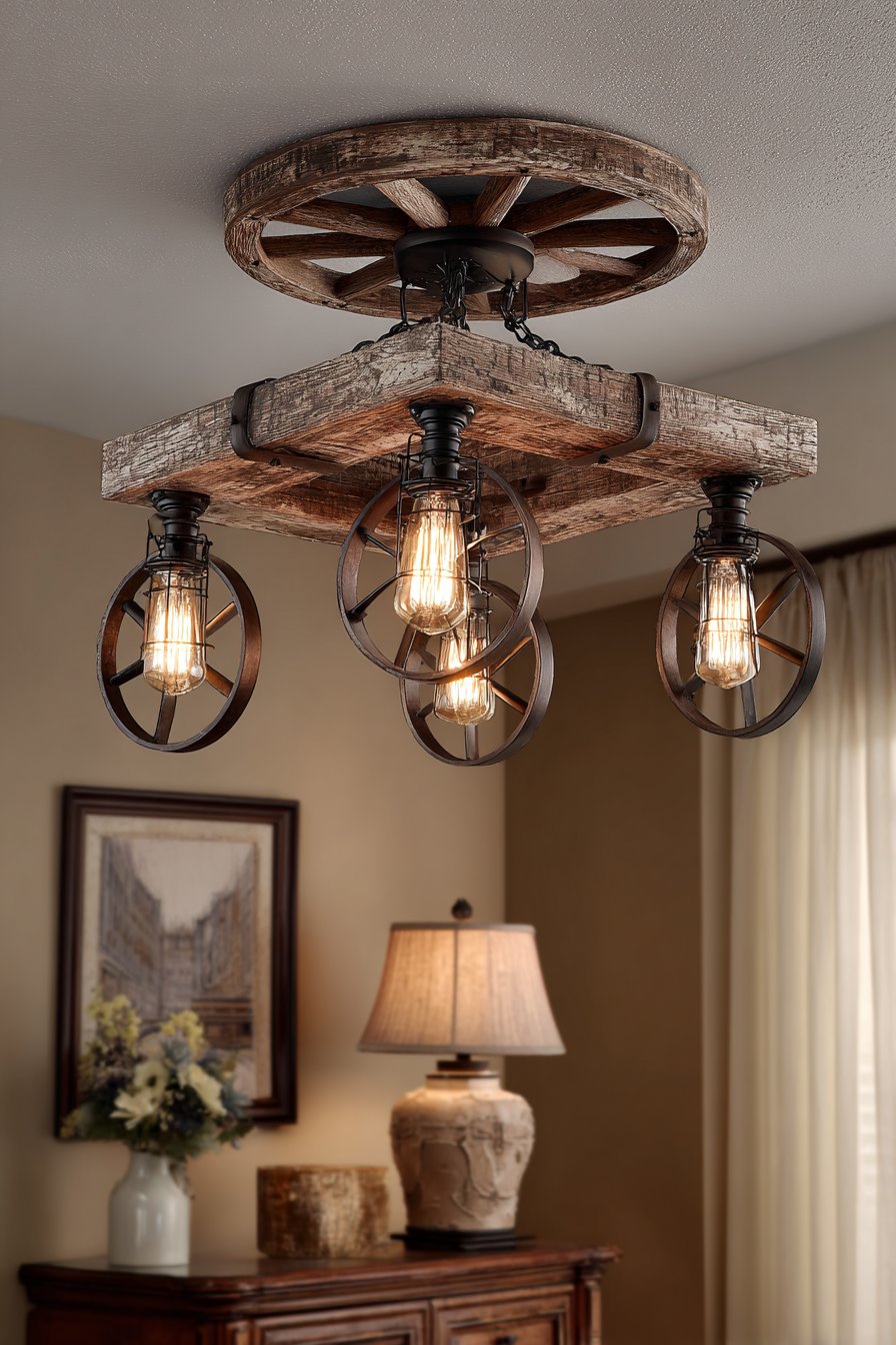 Layered Lighting with Wagon Wheel Chandelier