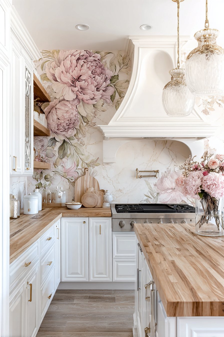 Floral Wallpapered Range Hood Statement