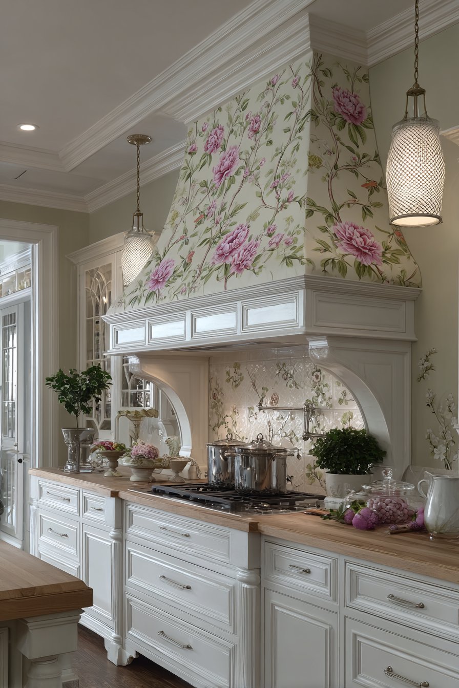Floral Wallpapered Range Hood Statement