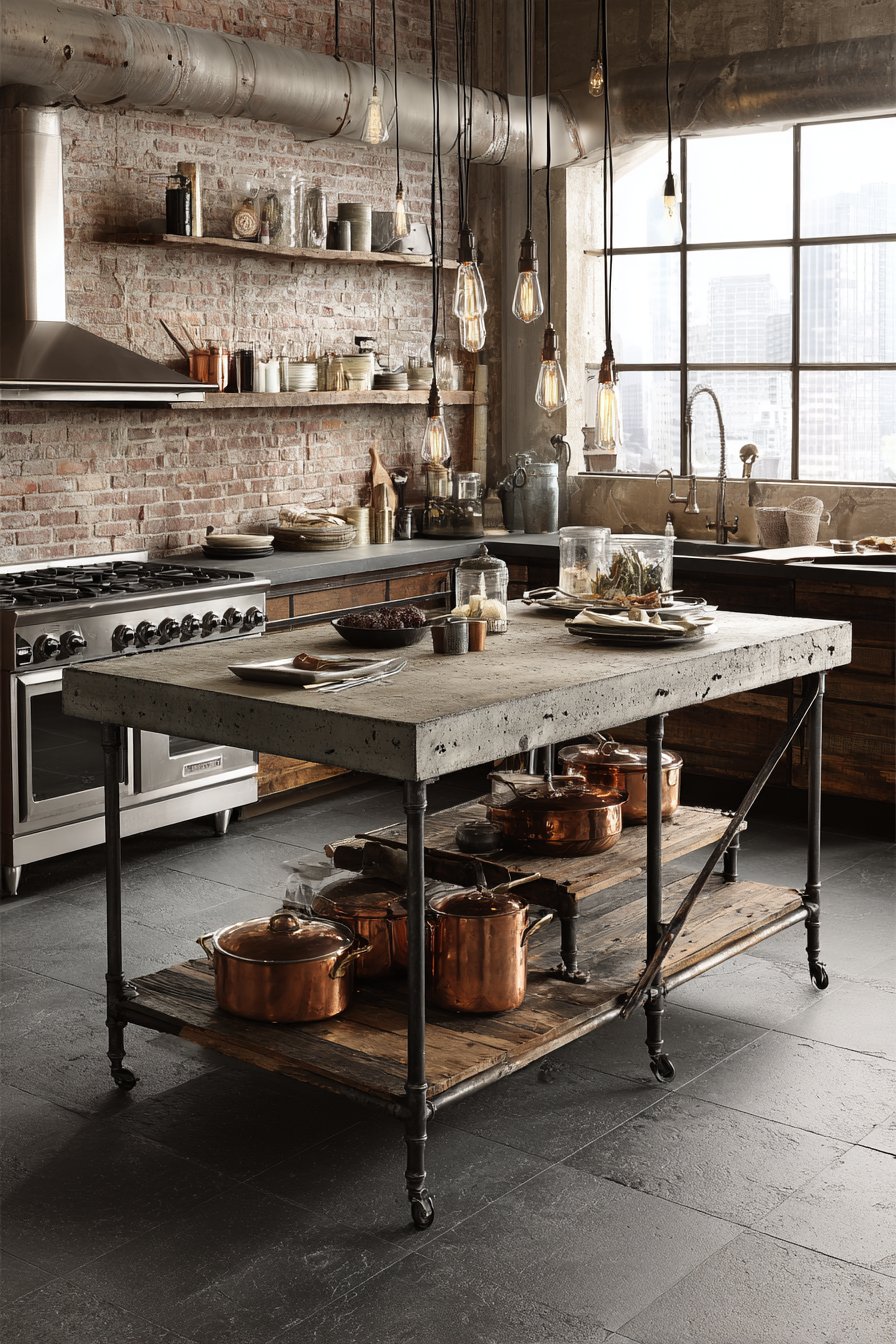 Industrial-Style Concrete and Steel Island