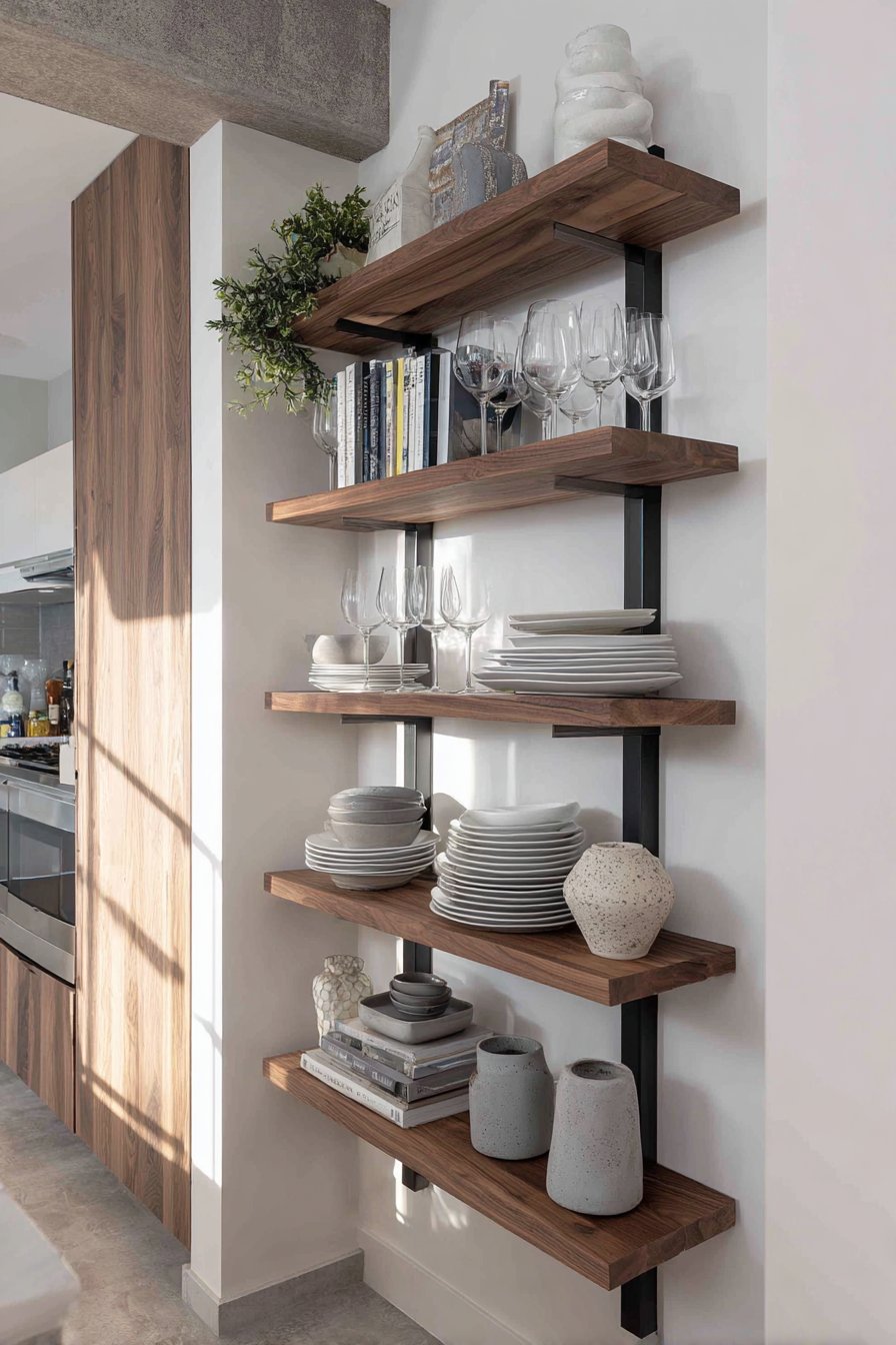 Walnut Open Shelving with LED Accents