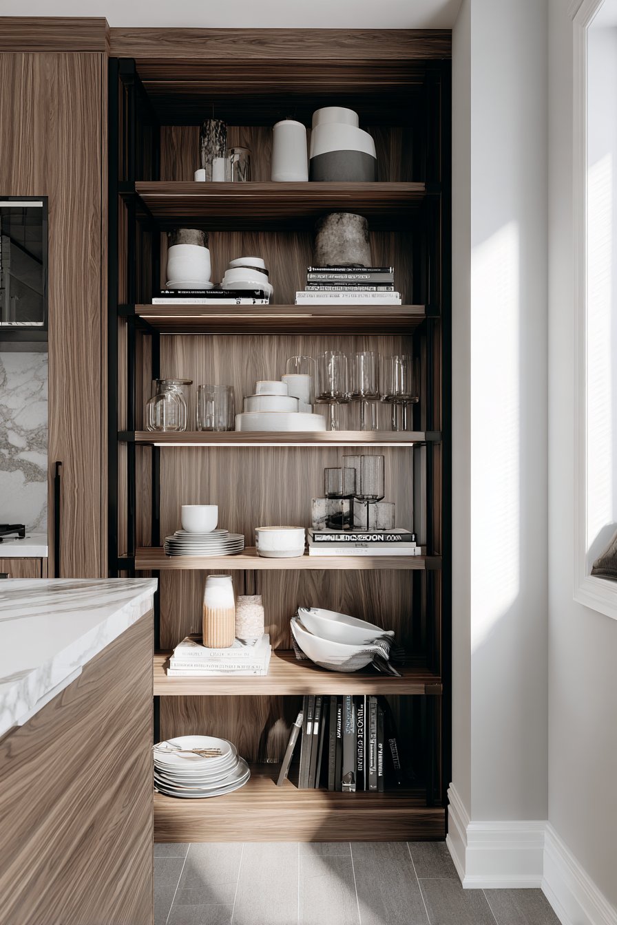 Walnut Open Shelving with LED Accents