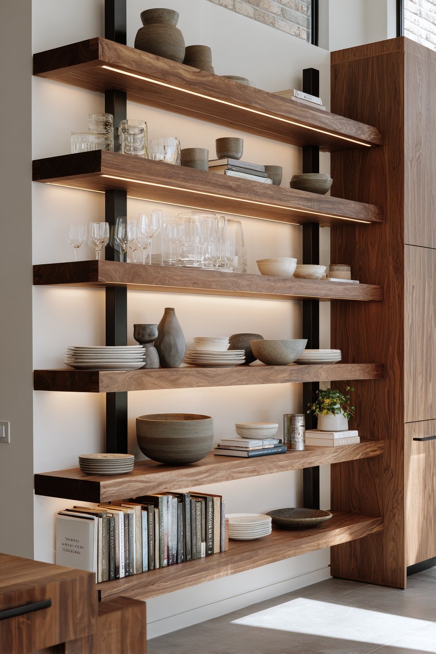Walnut Open Shelving with LED Accents
