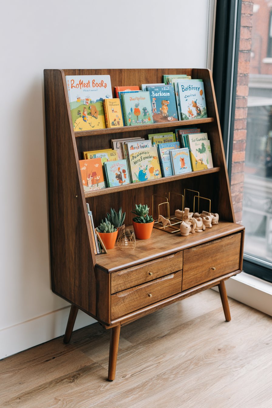 Curated Bookshelf Display with Vintage Teak Beauty