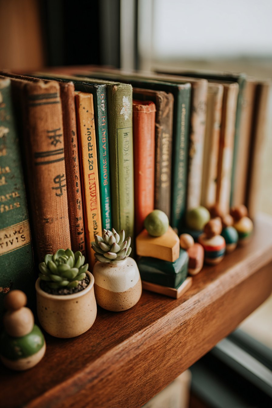 Curated Bookshelf Display with Vintage Teak Beauty