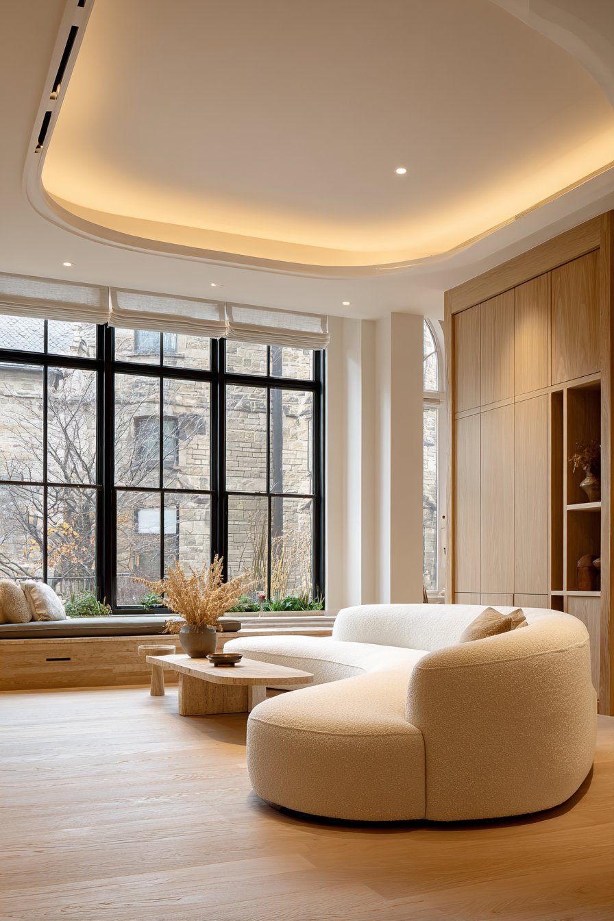 Curved Bouclé Seating with Coffered Ceiling Grandeur