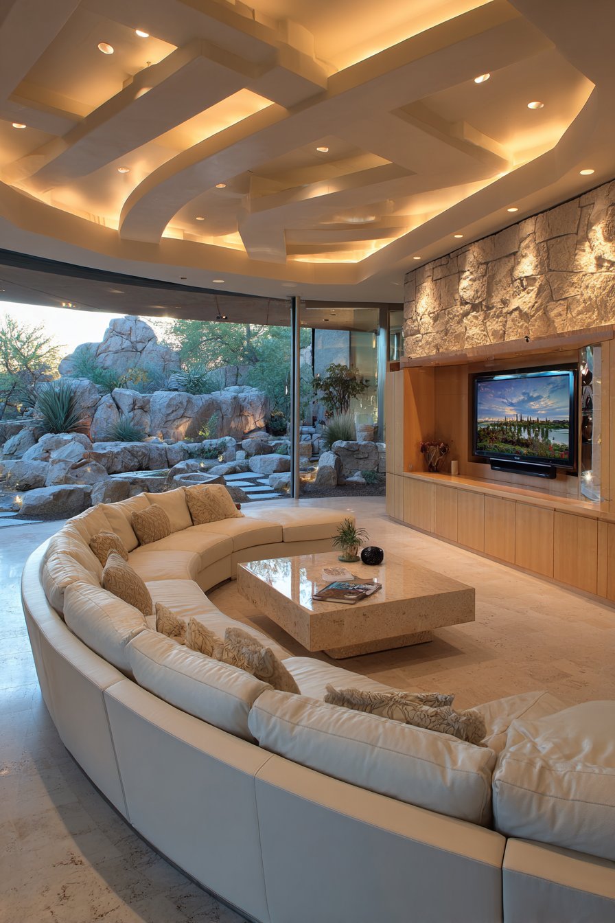 Curved Bouclé Seating with Coffered Ceiling Grandeur