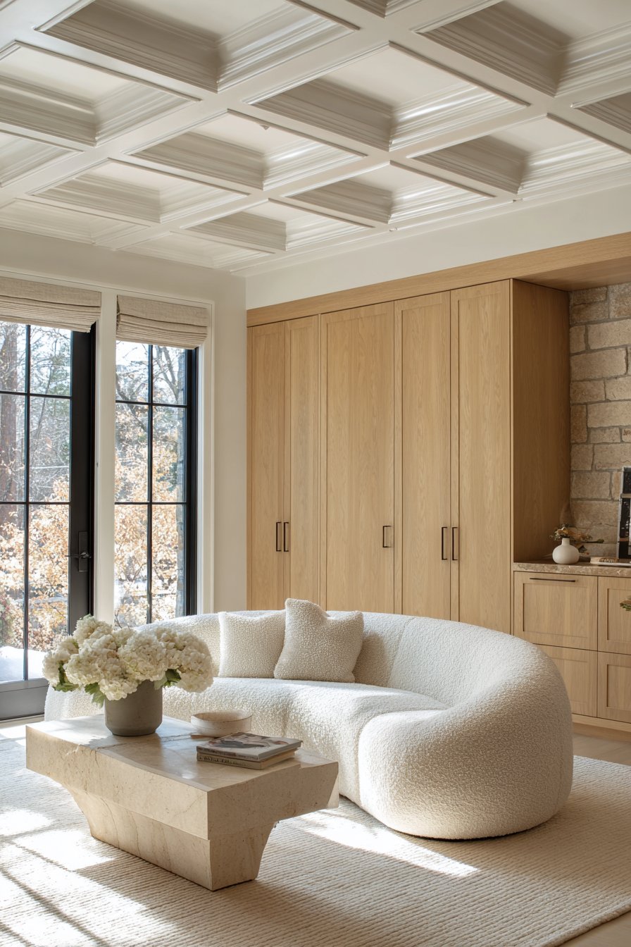 Curved Bouclé Seating with Coffered Ceiling Grandeur