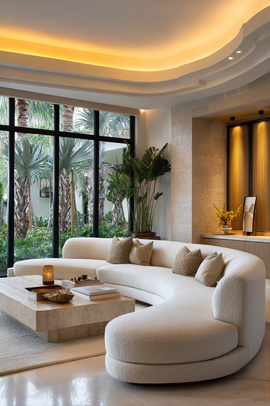 Curved Bouclé Seating with Coffered Ceiling Grandeur