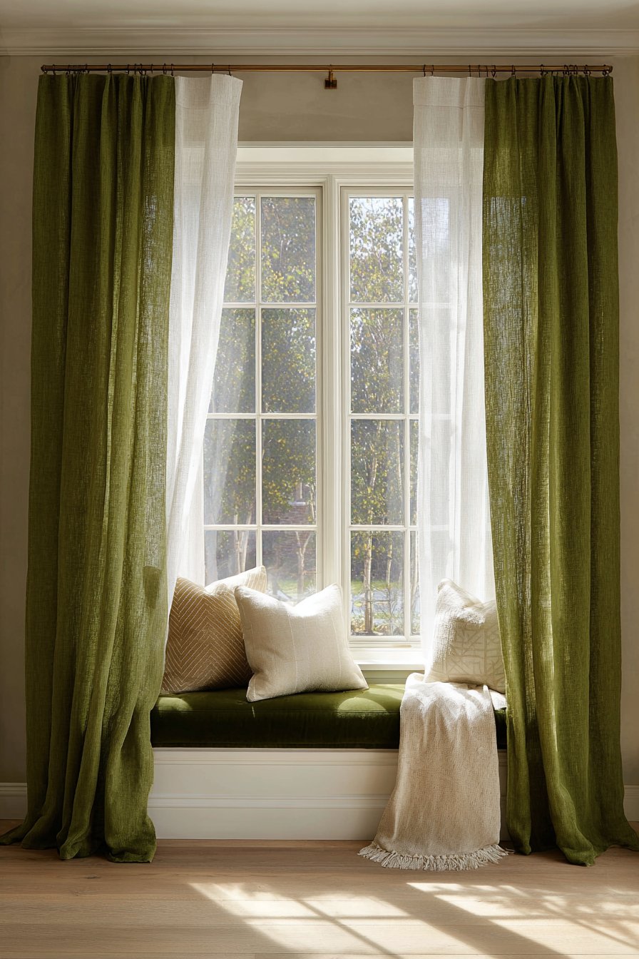Floor-Length Linen Curtains with Window Seat