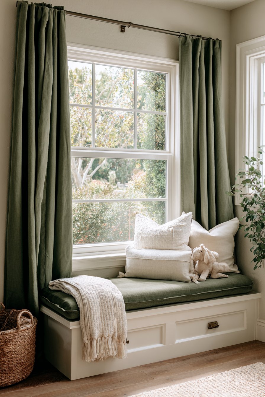 Floor-Length Linen Curtains with Window Seat