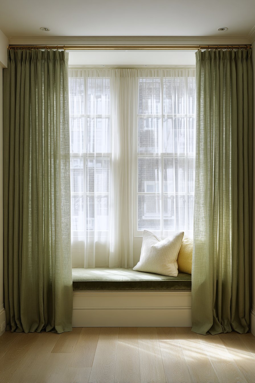 Floor-Length Linen Curtains with Window Seat