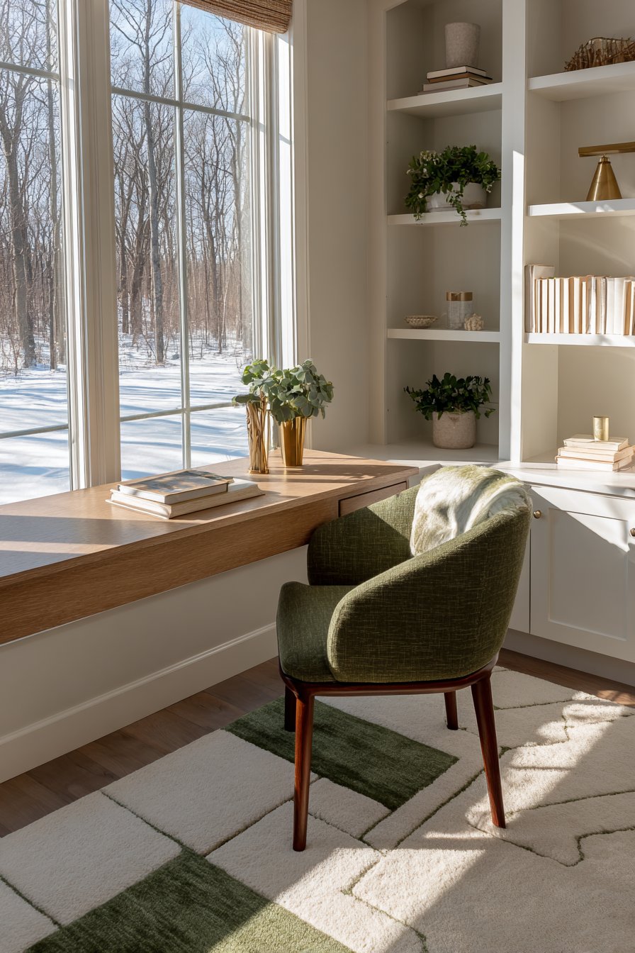 Sunlit Home Office with Upholstered Chair