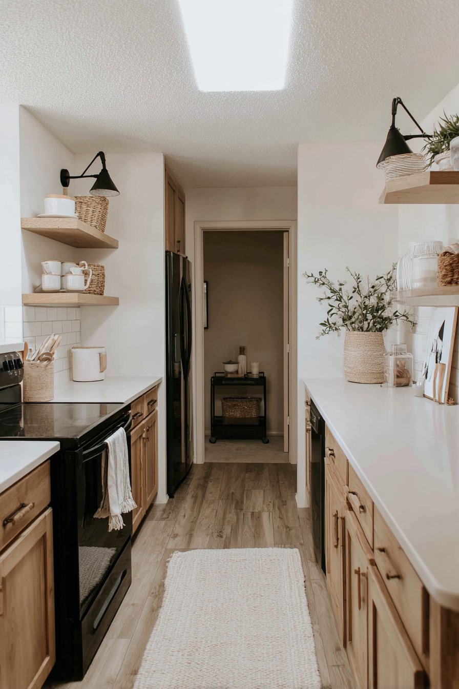 Galley Kitchen with Open Shelving and Appliance Garage