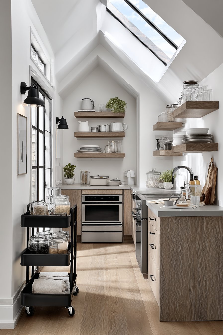 Galley Kitchen with Open Shelving and Appliance Garage