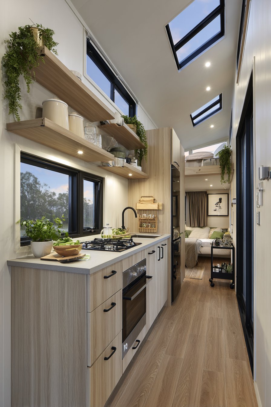Galley Kitchen with Open Shelving and Appliance Garage