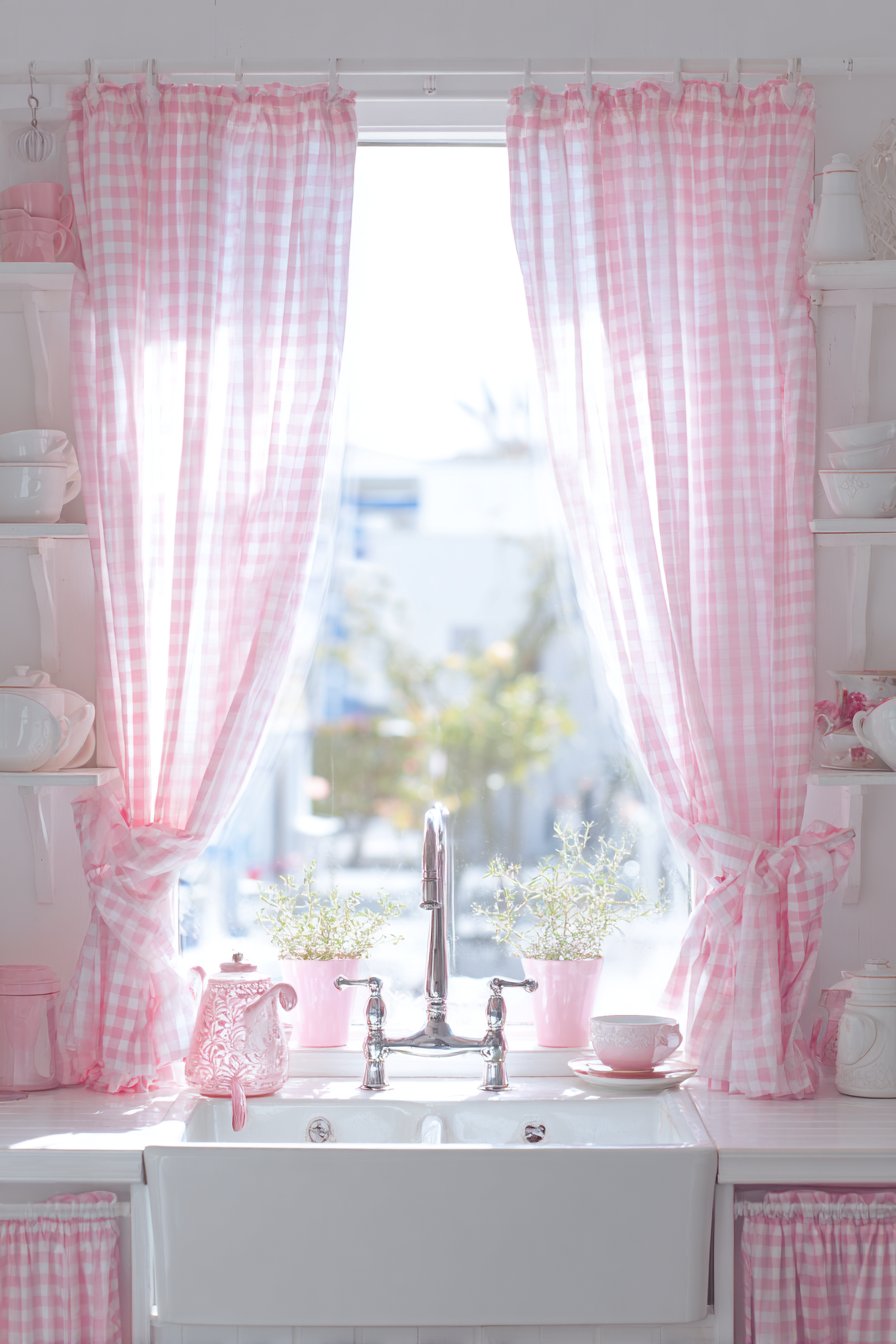 Farmhouse Sink with Pink Gingham Curtains