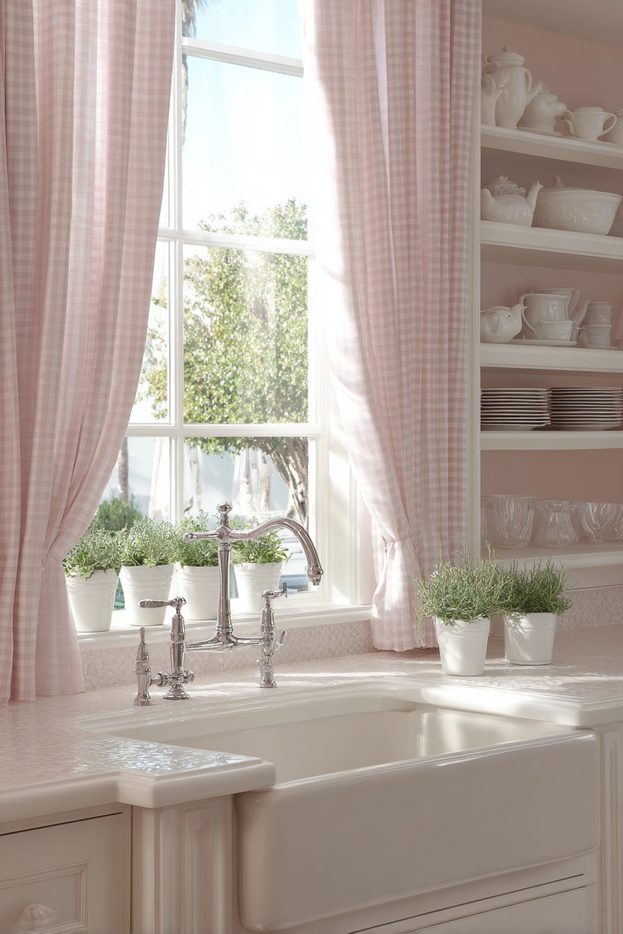 Farmhouse Sink with Pink Gingham Curtains