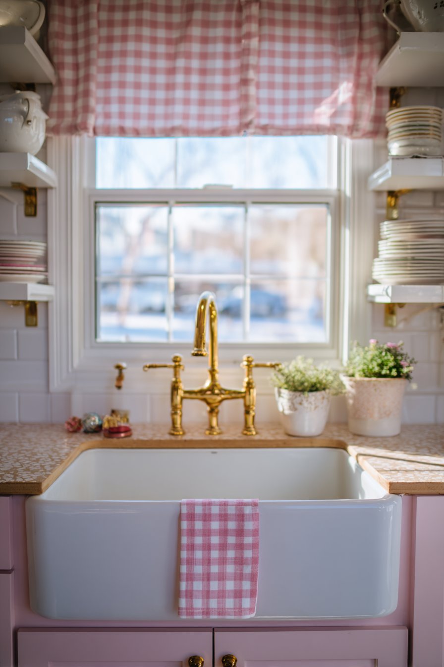 Farmhouse Sink with Pink Gingham Curtains