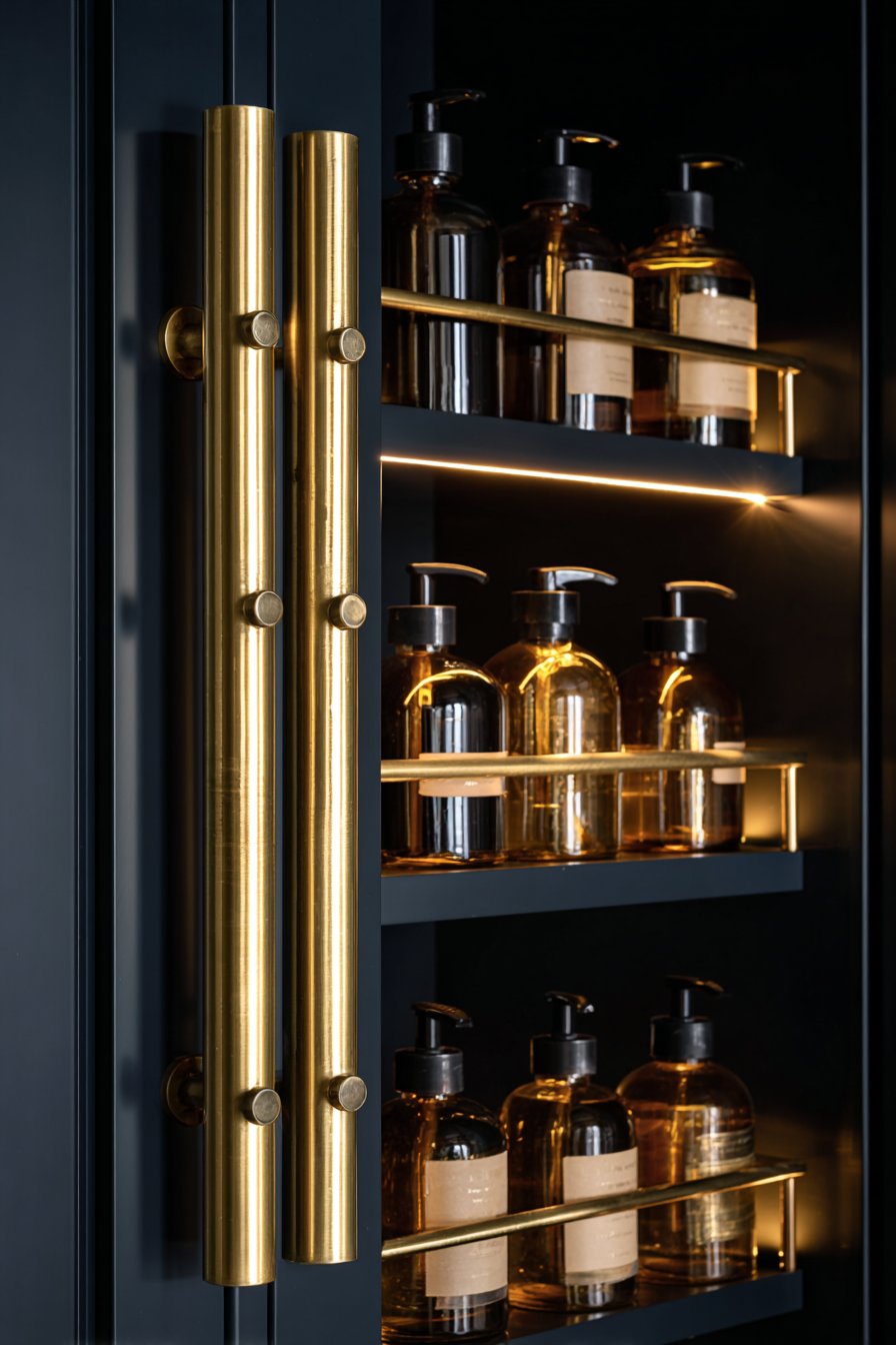 Sleek Navy and Gold Storage Kitchen