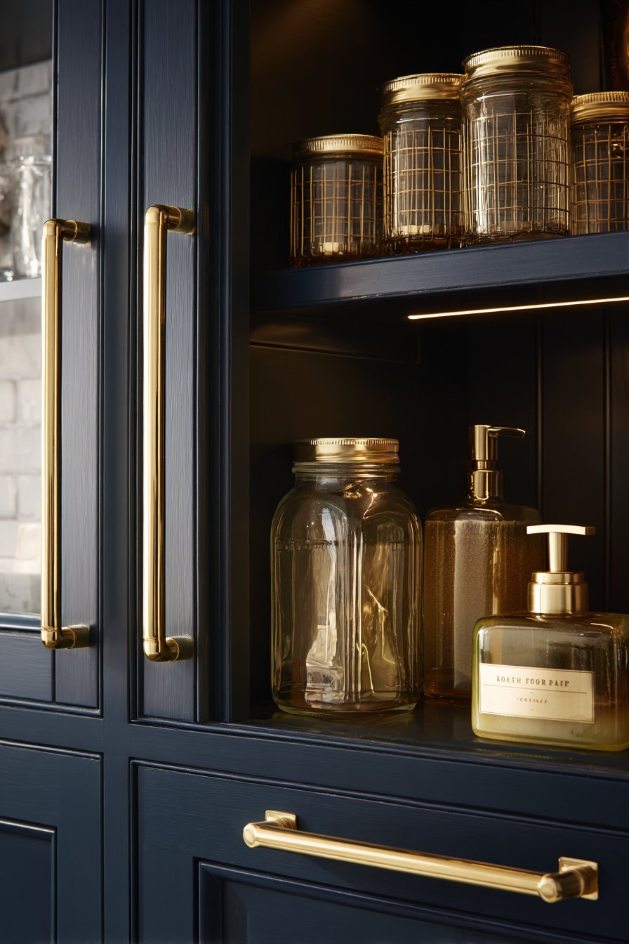 Sleek Navy and Gold Storage Kitchen