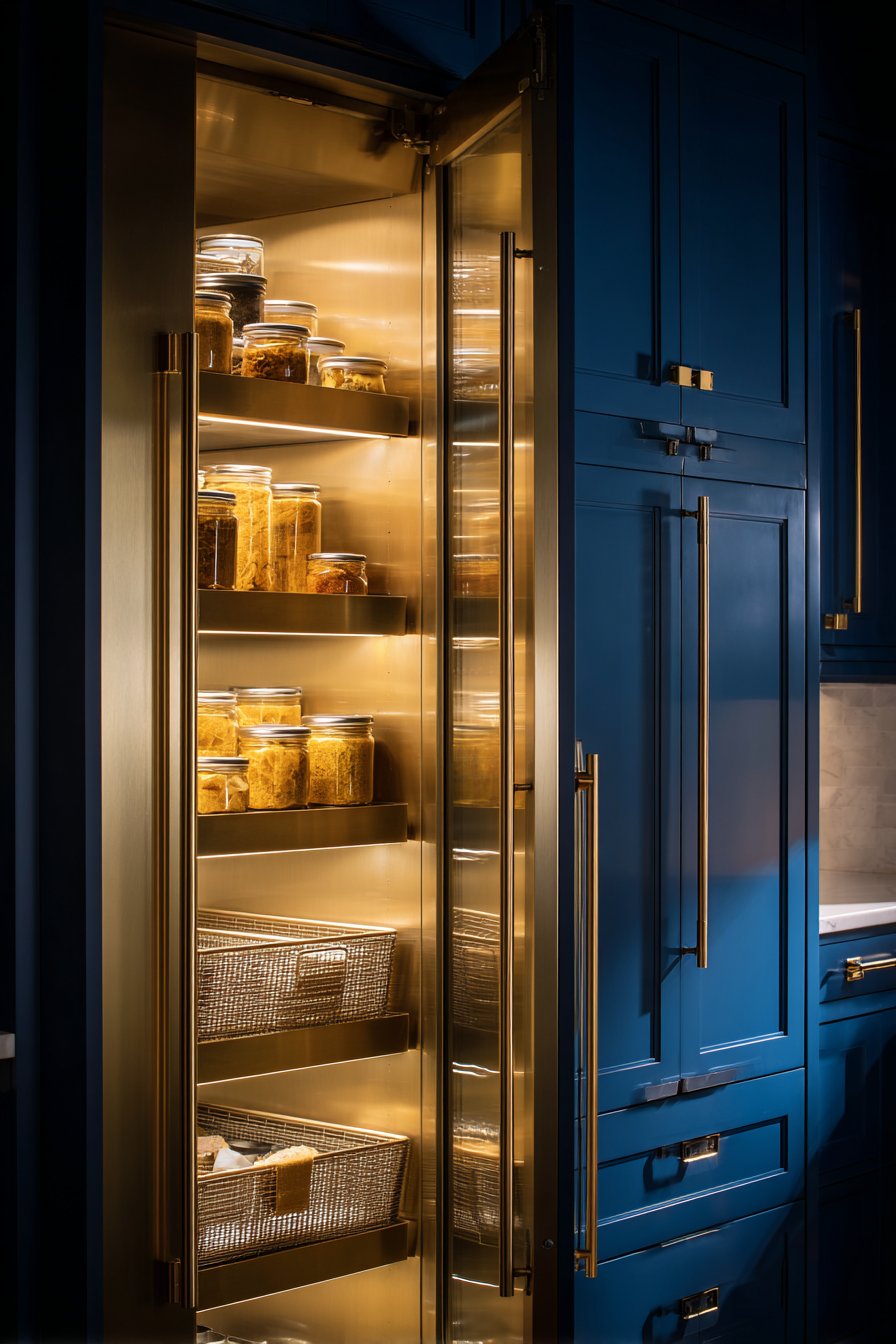 Sleek Navy and Gold Storage Kitchen