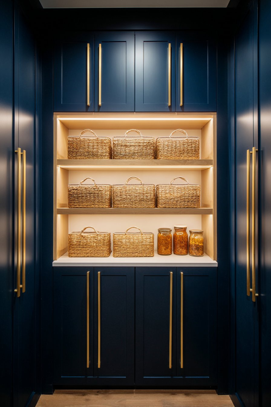 Sleek Navy and Gold Storage Kitchen