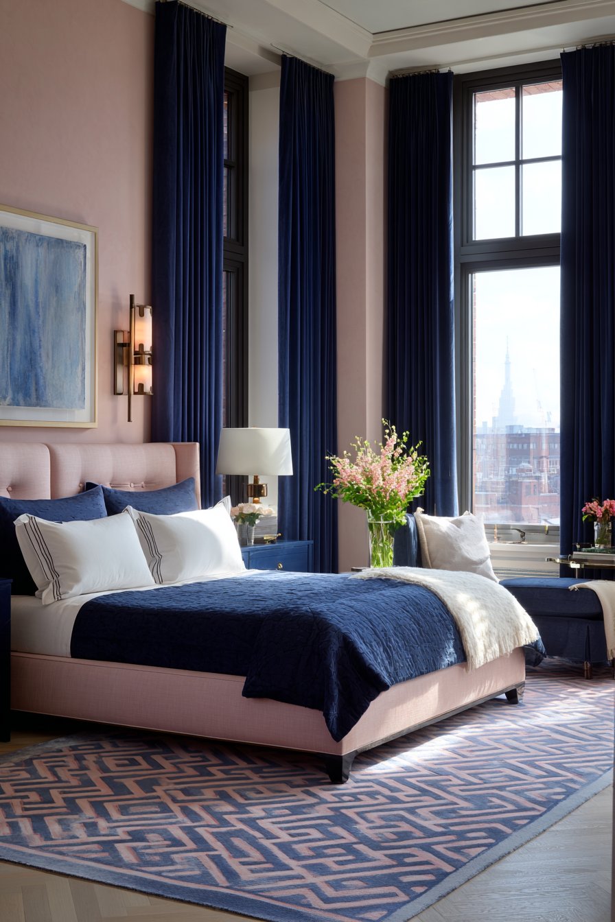 Pink Velvet Armchair Reading Nook with Navy Bookshelf