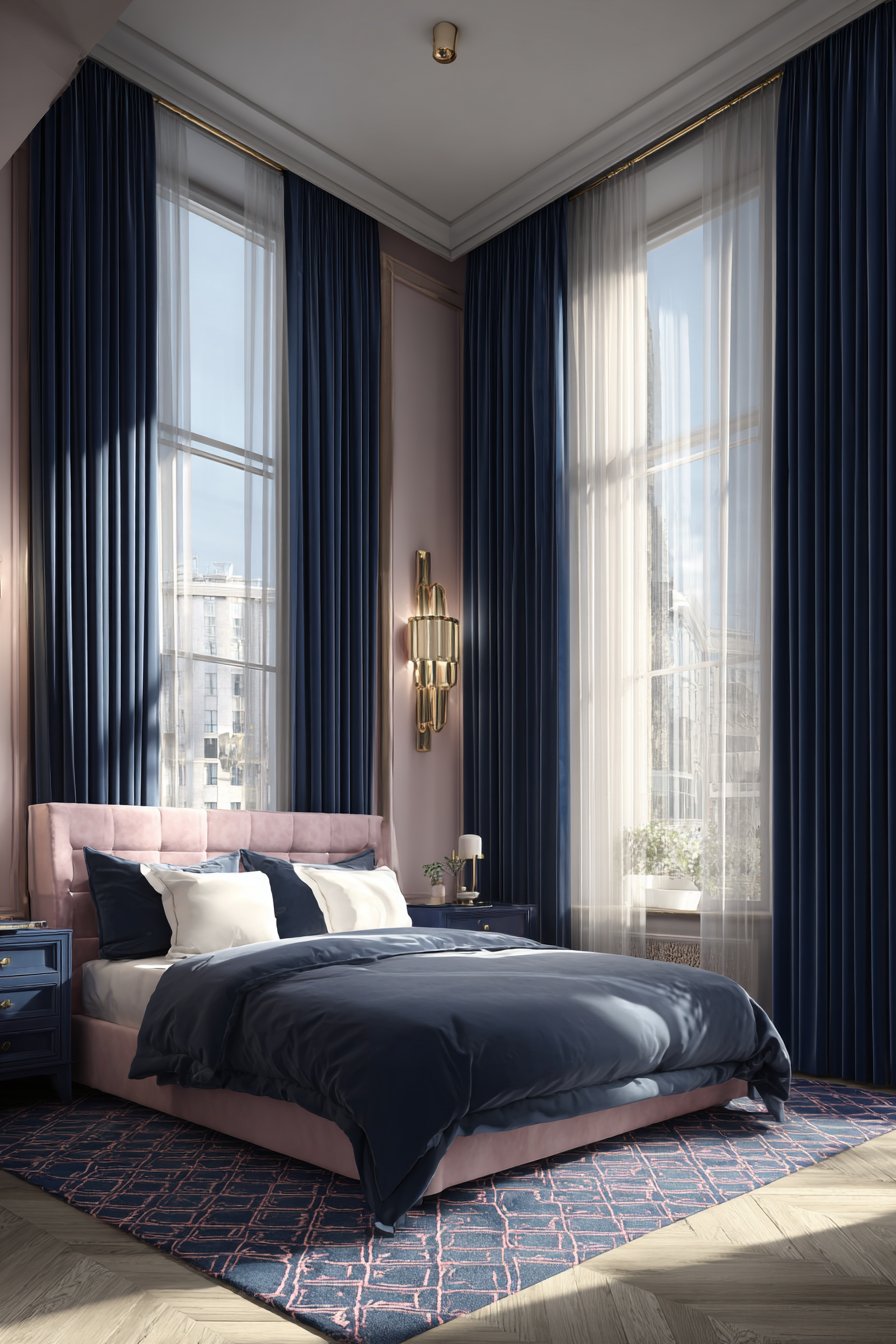 Pink Velvet Armchair Reading Nook with Navy Bookshelf