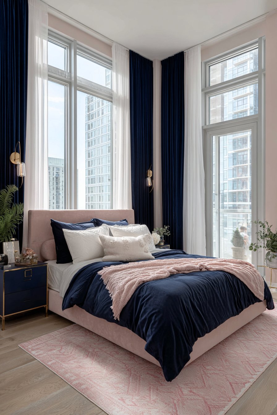 Pink Velvet Armchair Reading Nook with Navy Bookshelf