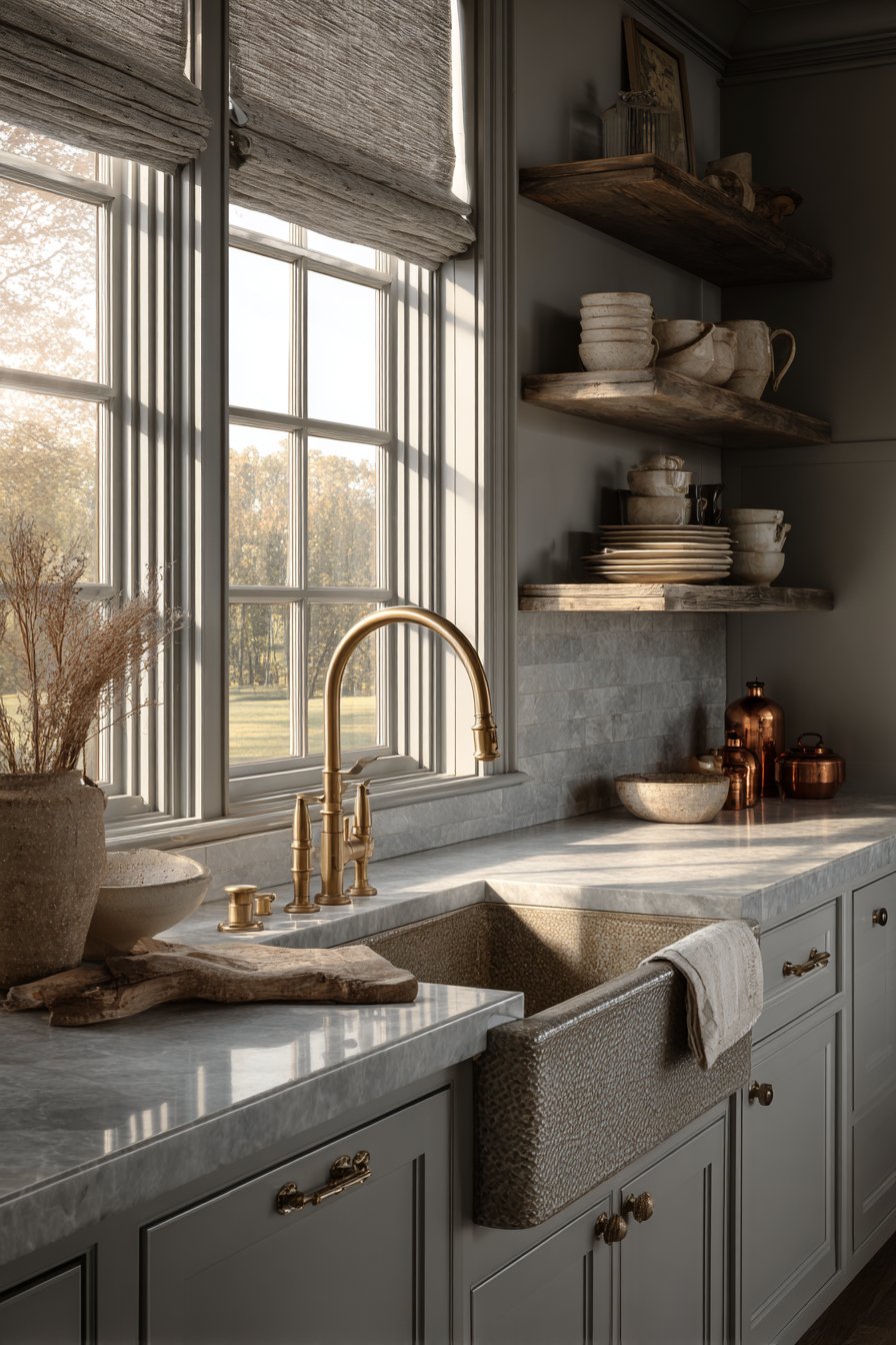 Farmhouse Sink with Vintage Brass Fixtures