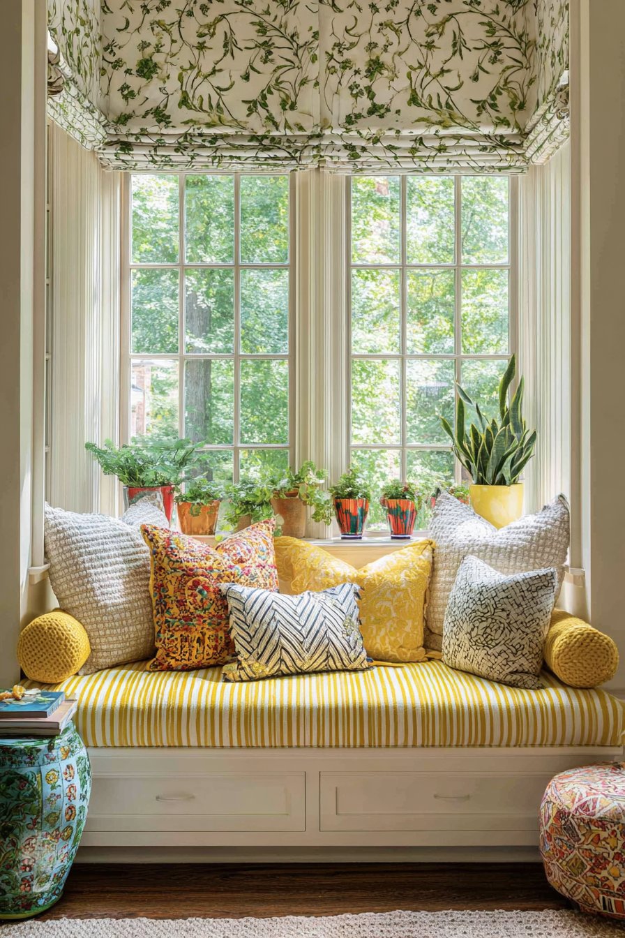 Striped Window Seat with Storage Integration