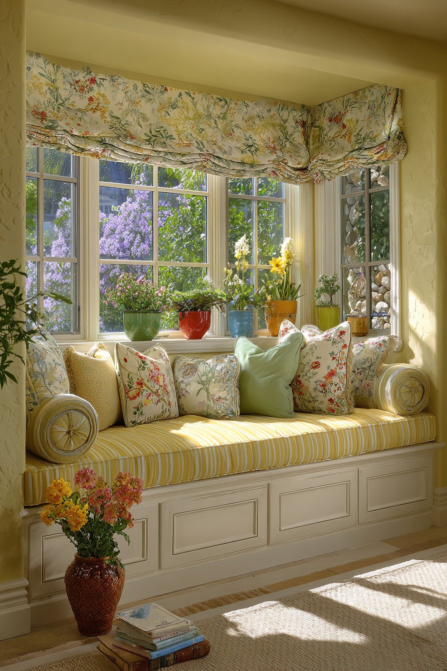 Striped Window Seat with Storage Integration