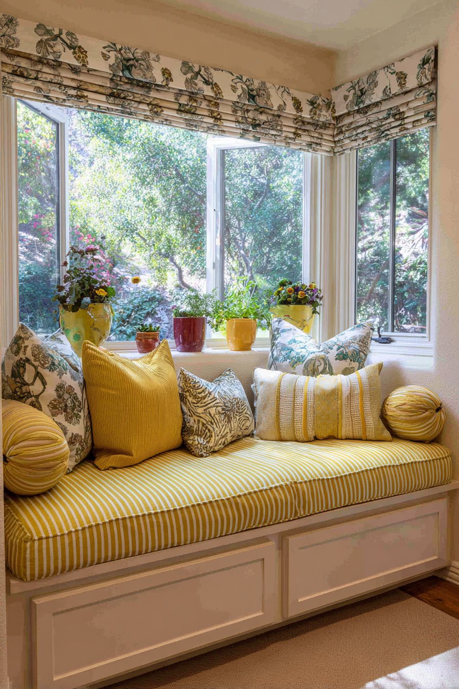 Striped Window Seat with Storage Integration