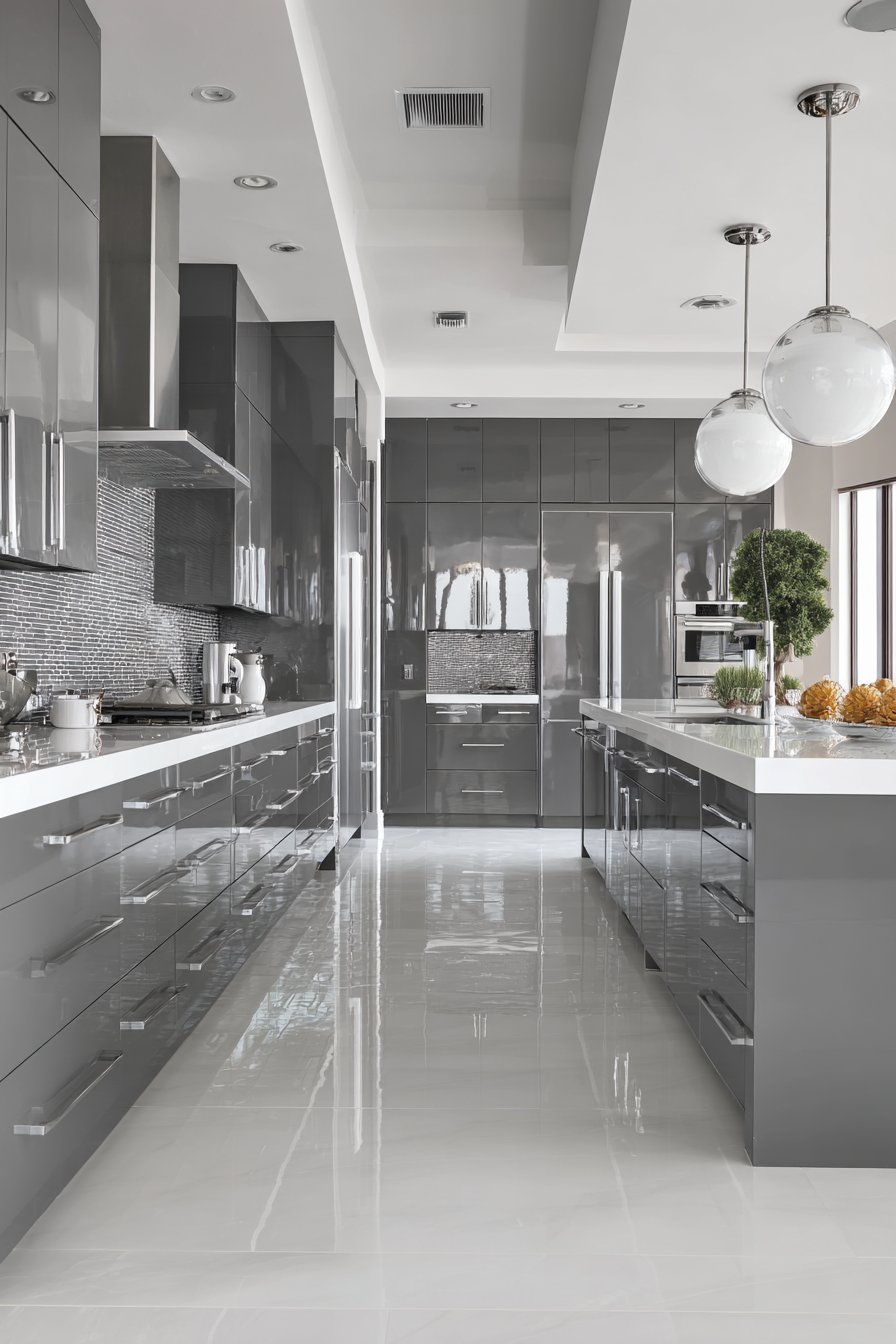 Contemporary High-Gloss Grey and White Kitchen