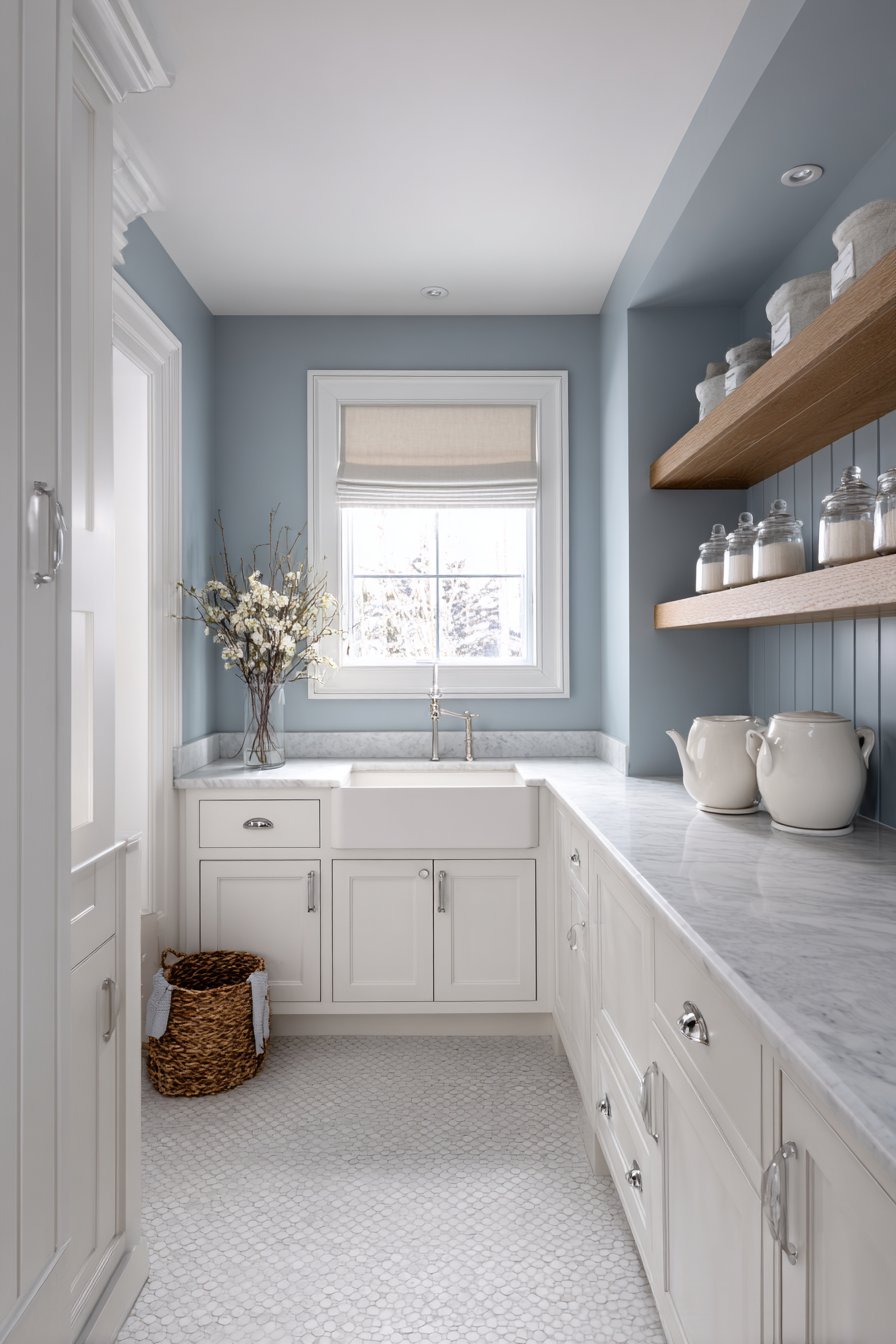 Calming Grey-Blue with White Wainscoting