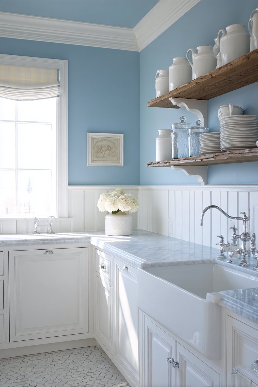 Calming Grey-Blue with White Wainscoting