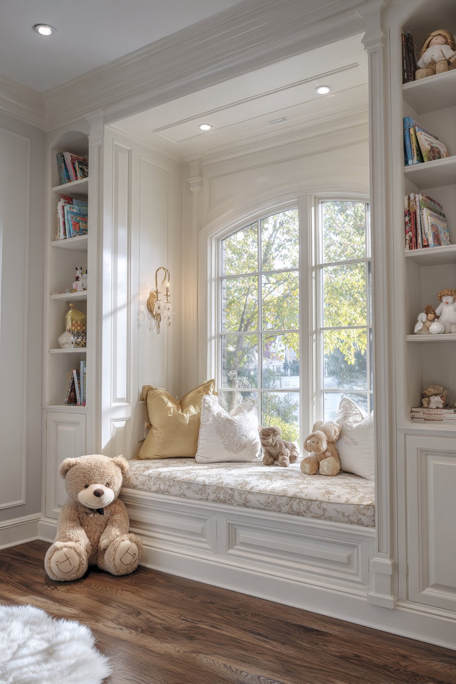 Custom Window Seat with Built-In Bookshelves