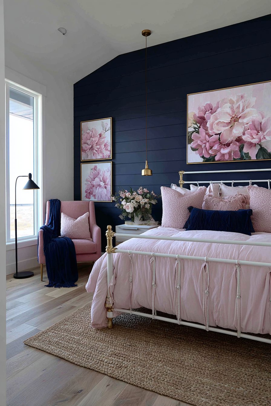 Coral Pink and Navy Coastal-Inspired Bedroom