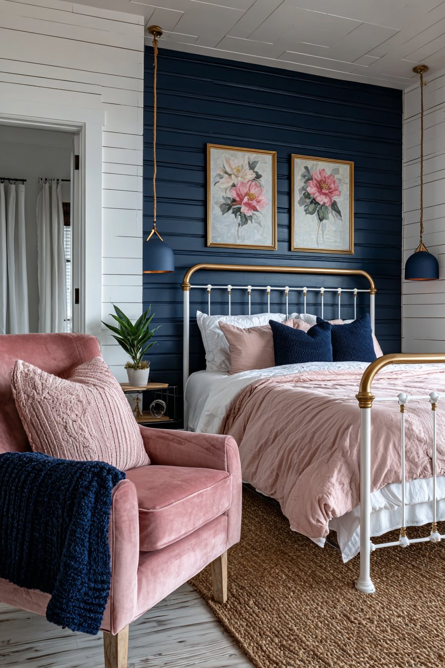 Coral Pink and Navy Coastal-Inspired Bedroom