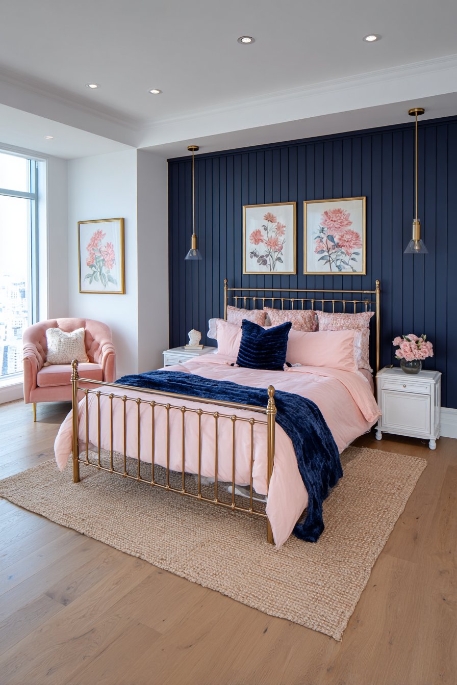 Coral Pink and Navy Coastal-Inspired Bedroom