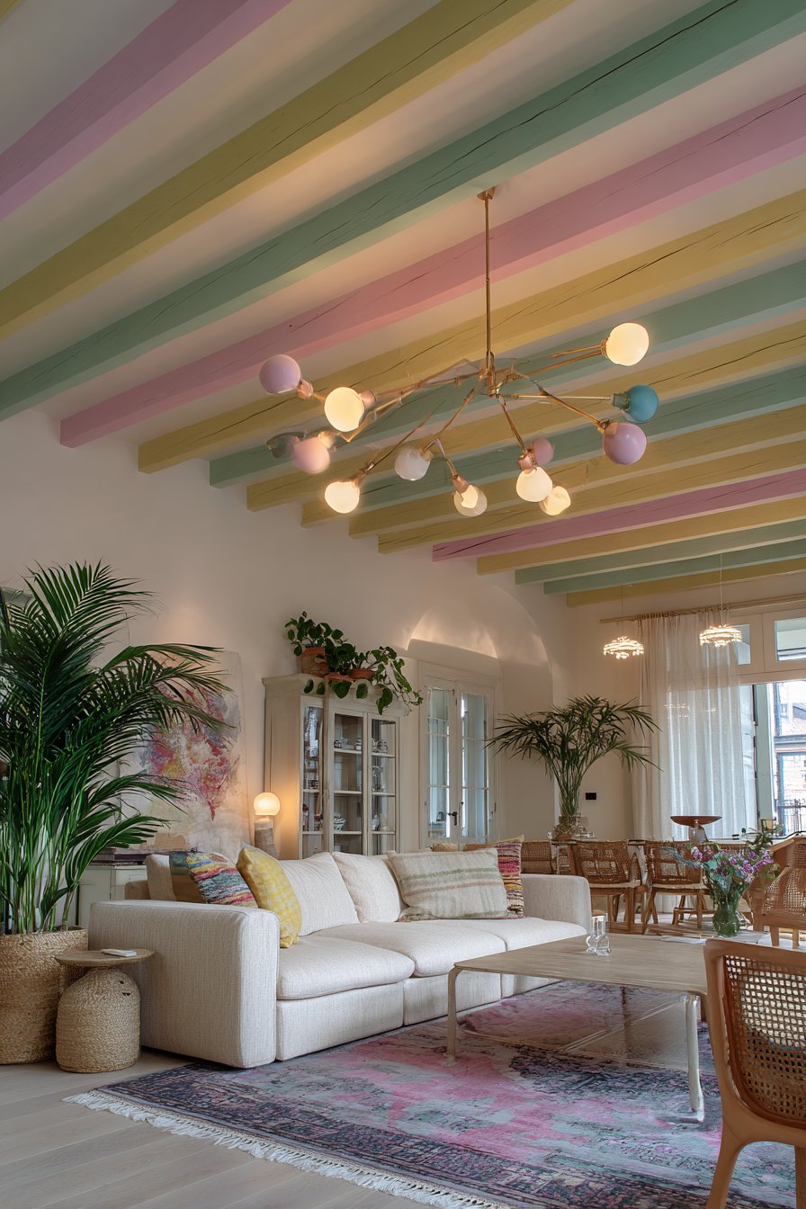 Pastel Painted Ceiling Beams with Modern Chandelier