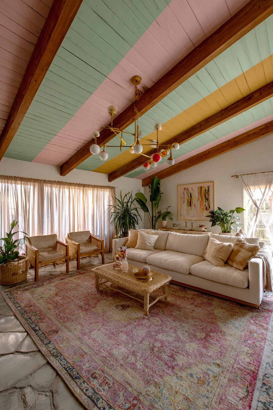 Pastel Painted Ceiling Beams with Modern Chandelier