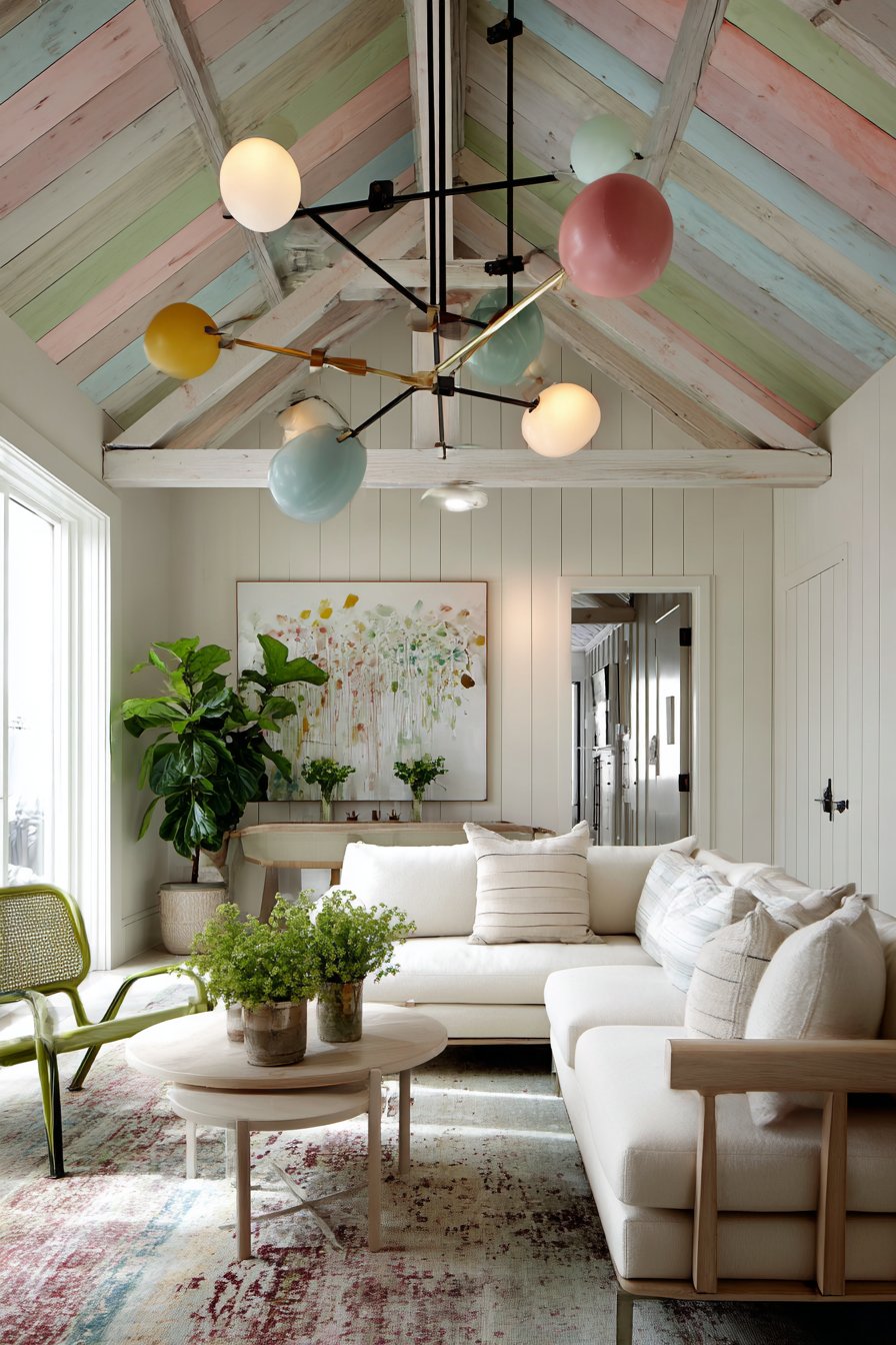 Pastel Painted Ceiling Beams with Modern Chandelier