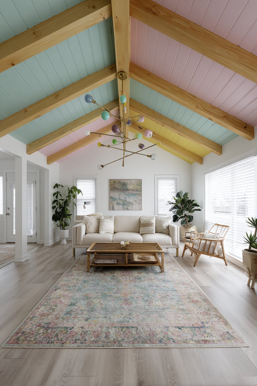 Pastel Painted Ceiling Beams with Modern Chandelier