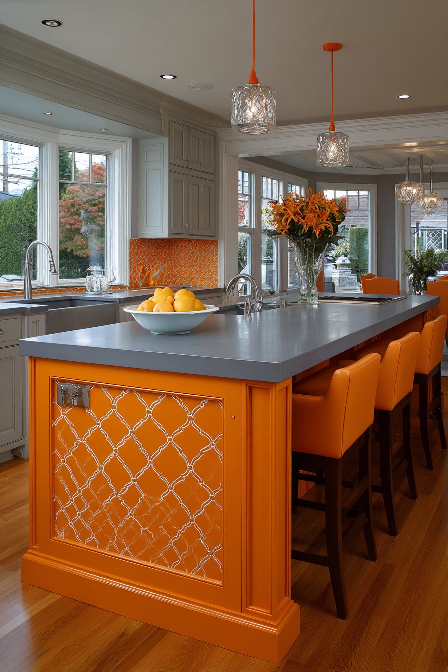 Transitional Orange Island with Shaker Doors