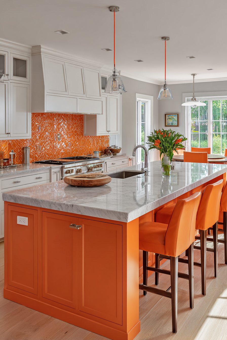 Transitional Orange Island with Shaker Doors