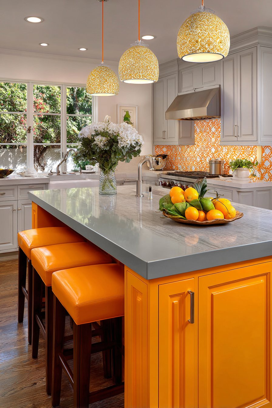Transitional Orange Island with Shaker Doors